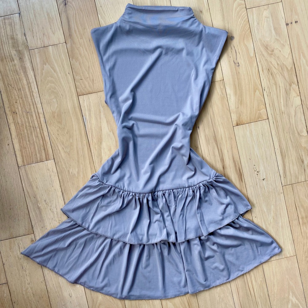 Soft Girl Balletcore Mock Neck Drop Waist Tiered Ruffle Hem Taupe Mini Dress -XS